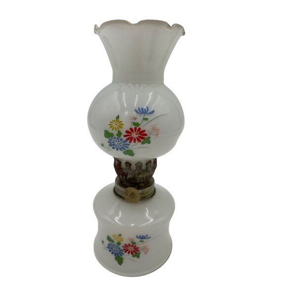 Miniature White Milk Glass Oil Lamp Hand-Painted Floral Design & Decorative Trim - Picture 1 of 7